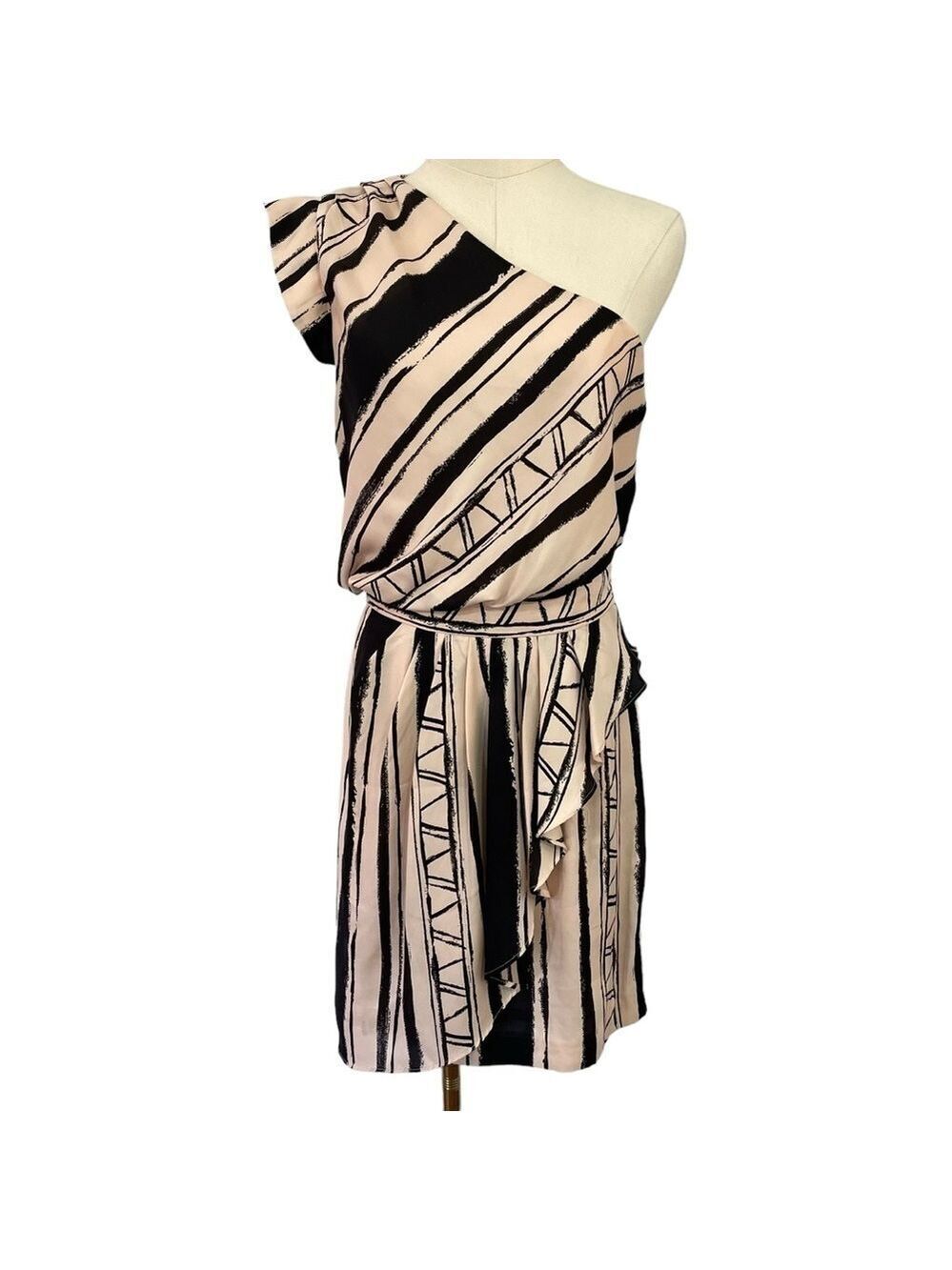 BCBGeneration Striped One Shoulder Sundress Sz 6 Pale Peach Black Dress VGUC